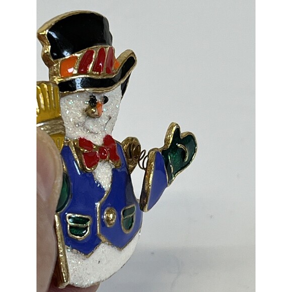 Vtg 1980's Enamel Christmas Snowman Brooch‎ Pin W/ Moving Waving Arm. Emblished - Picture 3 of 6